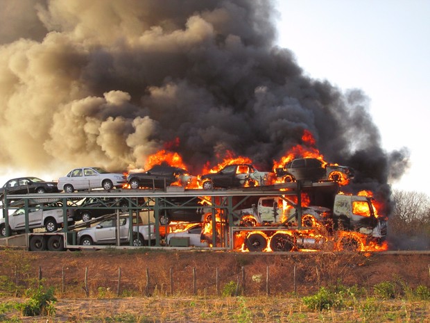 Caminhão cegonha carregado com 10 carros pegou fogo na PI-141 (Foto: Vagner Mota)