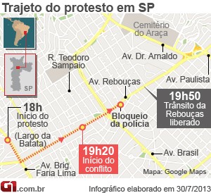 Mapa da manifestação na Avenida Rebouças, em São Paulo, contra o governador Geraldo Alckmin (Foto: G1)