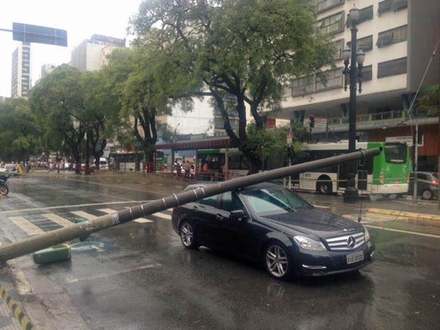 Carro de luxo foi atingido por um poste que caiu durante a chuva em São Paulo (Foto: Márcio Pinho/G1)