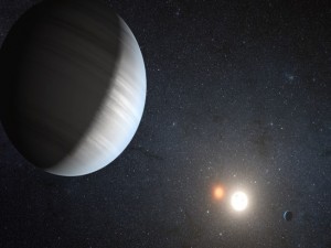 Ilustração mostra o sistema Kepler 47, que consiste em dois planetas orbitando ao redor de dois sois