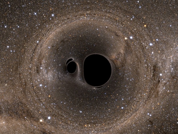 Simulação ilustra colisão de buracos negros como aquela detectada pelo projeto Ligo (Foto: Andy Bohn et al.)