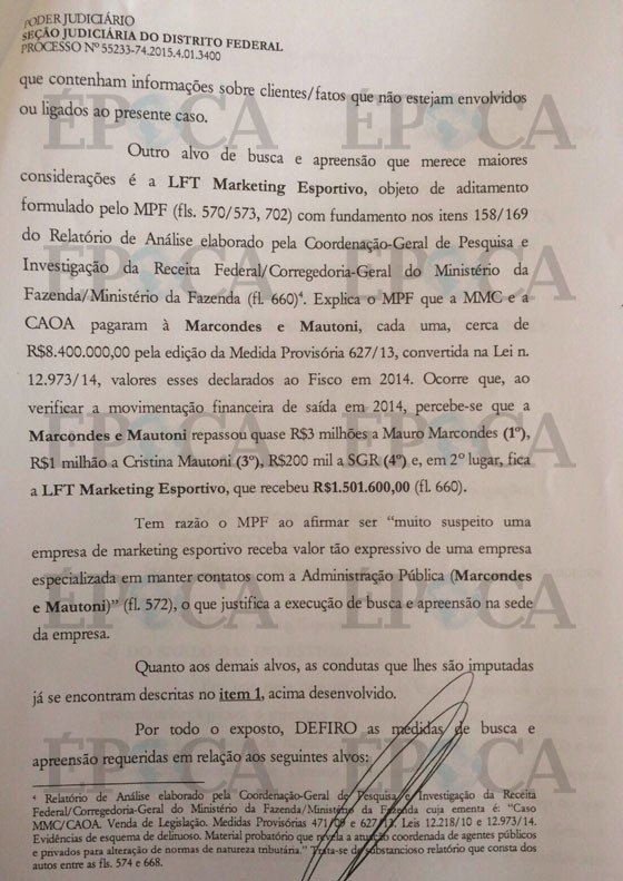 Despacho da juíza Célia Regina Og Bernardes, autorizando busca e apreensão na empresa LFT Marketing Esportivo, de Luis Claudio Lula da Silva, filho do ex-presidente Lula (Foto: Reprodução)