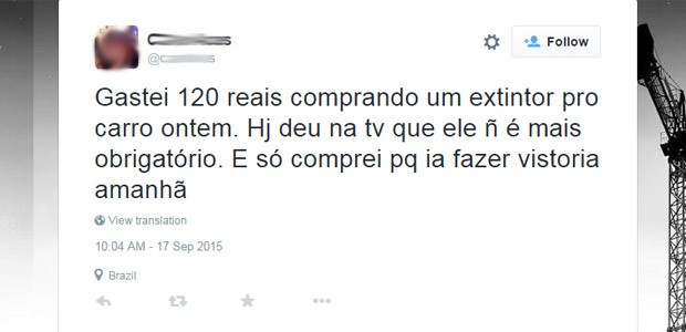 Decisão de extinção da obrigatoriedade do uso do extintor repercutiu nas redes sociais (Foto: Reprodução/Twitter)