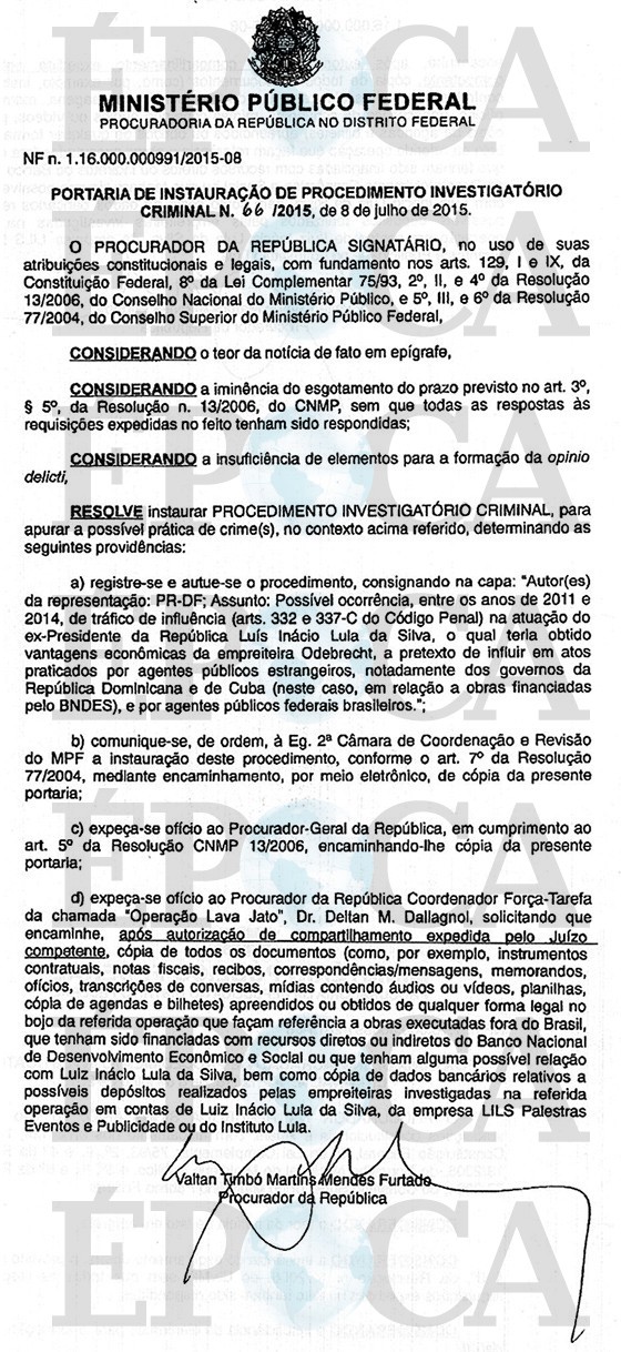 Portaria de Instauração de Procedimento Investigatório Criminal sobre a atuação do ex-presidente Luiz Inácio Lula da Silva (Foto: reprodução)