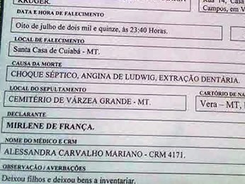 Ccertidão de óbito aponta que a morte foi causada por choque séptico. (Foto: Arquivo pessoal)