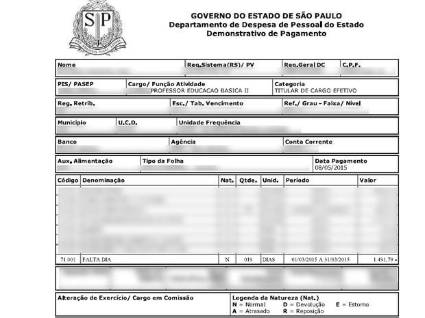 Destaques de trecho de holerite de professor da rede estadual. Documento foi editado para preservar a privacidade do servidor. No caso, funcionário teve descontos de R$ 1,4 mil no holerite referente aos dias de março. (Foto: Reprodução/Arquivo Pessoal)