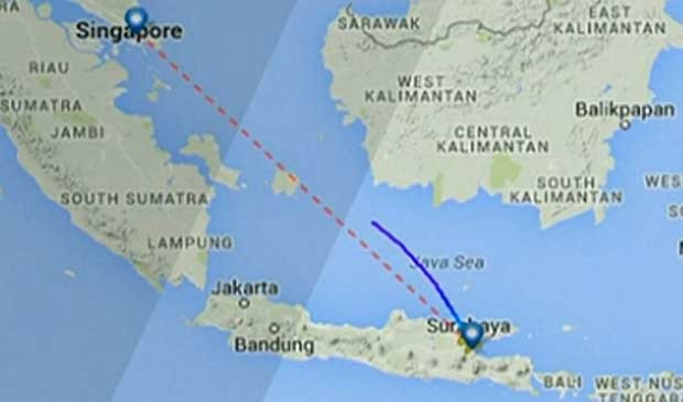 Mapa da rota e suposto local do desaparecimento do voo QZ-8501 da AirAsia. (Foto: Reprodução / GloboNews)