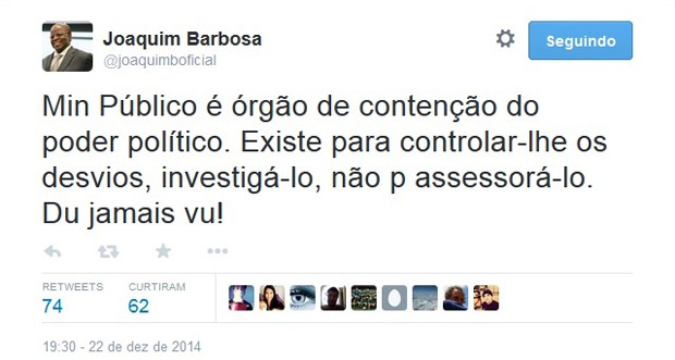 No Twitter, Joaquim Barbosa diz que Ministério Público não presta assessoria para Dilma (Foto: Reprodução / Twitter)