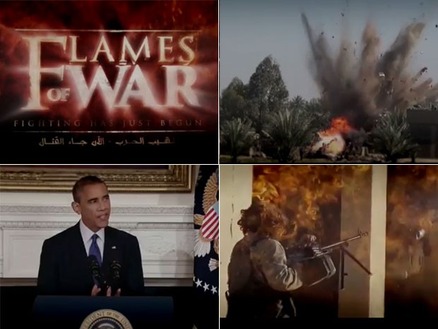 Vídeo de 52 segundos mostra militantes do Estado Islâmico explodindo tanques, soldados americanos feridos e imagem de Barack Obama (Foto: Reprodução/YouTube/)