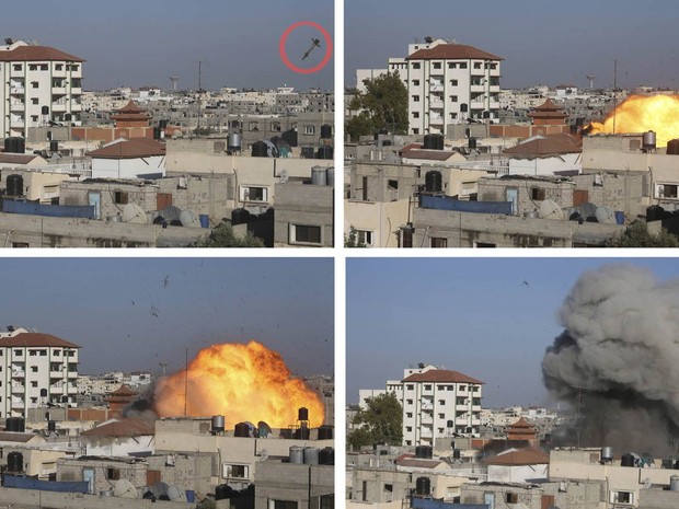 Detaque feito pelo G1 em sequência de fotos mostra míssil israelense logo antes de atingir a casa do líder da Jihad Islâmica Nafez Azzam em Rafah, no sul da Faixa de Gaza (Foto: Ibraheem Abu Mustafa/Reuters)