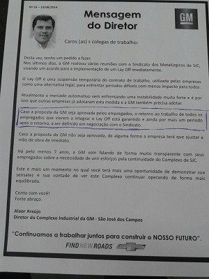 Mensagem do diretor da GM foi entregue aos trabalhadores nesta quinta (14). (Foto: Reprodução/GM)