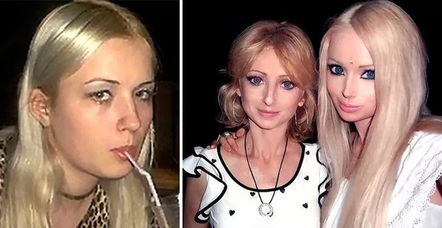 Valeria Lukyanova: antes da transformação (à esq.) e ao lado da mãe, que dá todo apoio à filha (Foto: Reprodução)