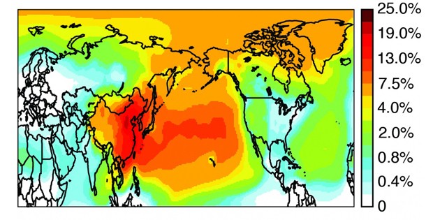 Carbono negro emitido na China se espalha pelo Oceano Pacífico. Na figura, quanto mais vermelho, maior a participação da poluição chinesa no ar local (Foto: Universidade da California)