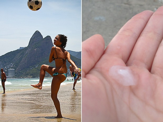 Após dia de sol e praias cheias, choveu granizo em alguns bairros do Rio (Foto: Rodrigo Gorosito e Glenda Almeida / G1)