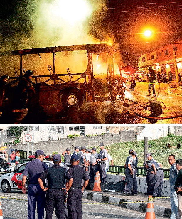 LEMBRANÇA DA GUERRA Ônibus atingido por ataque na Vila Madalena e local da morte de um PM, em 2006. O governo quer evitar uma nova onda  de atentados do PCC (Foto: Paulo Liebert/AE, Rogério Cassimiro/Folhapress e Mario Angelo/Folhapress)