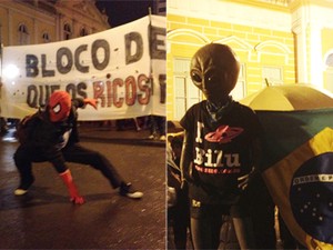 Montagem com manifestantes vestidos de ET e Homem-Aranha em Porto Alegre (Foto: Montagem sobre fotos de Diego Guichard/G1)