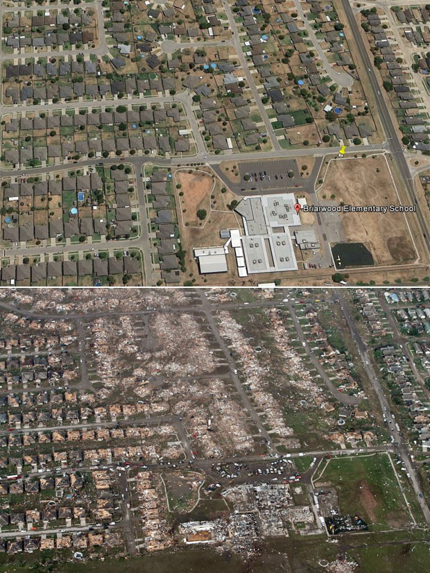 Casas do bairro e a própria escola primária Briarwood, no canto direito inferior das fotos, é vista em Moore, Oklahoma, em imagem do Google Earth (cima) e após a devastação causada pela passagem de um tornado (Foto: Reprodução/Google Earth e Steve Gooch/AP)