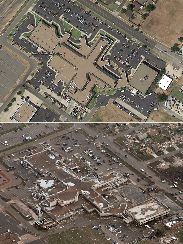 O Centro Médico de Moore, próximo a Oklahoma City, é visto antes (cima) e depois do tornado (Foto: Reprodução/Google Earth e Steve Gooch/AP)