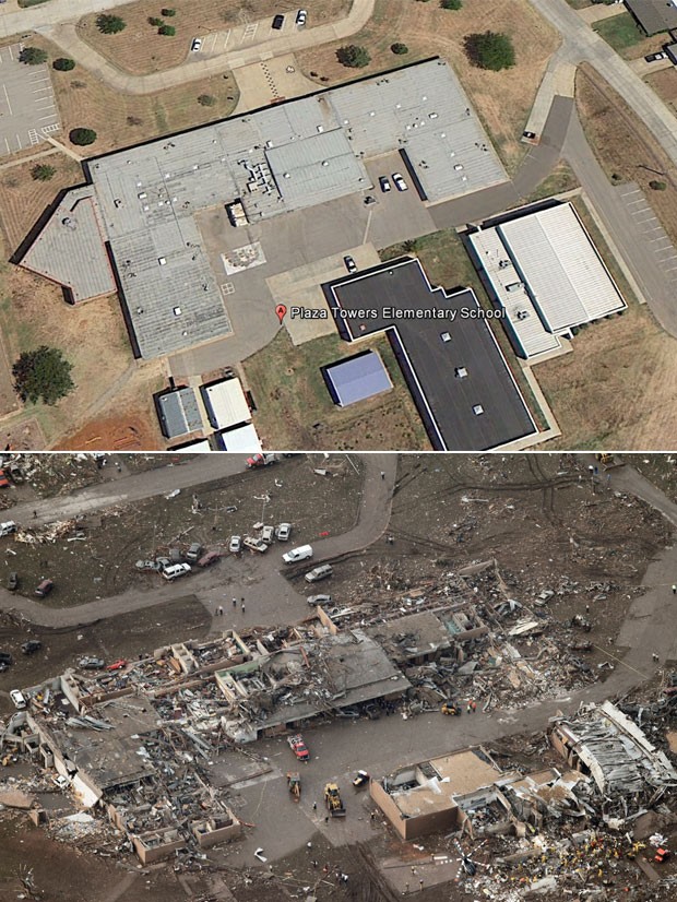 A escola primária Plaza Tower, que também foi atingida em cheio depois que o tornado tocou o chão, é vista antes (cima), em imagem de satélite, e depois, em foto feita em sobrevoo de helicóptero por Moore, Oklahoma (Foto: Reprodução/Google Earth e Steve Gooch/AP)