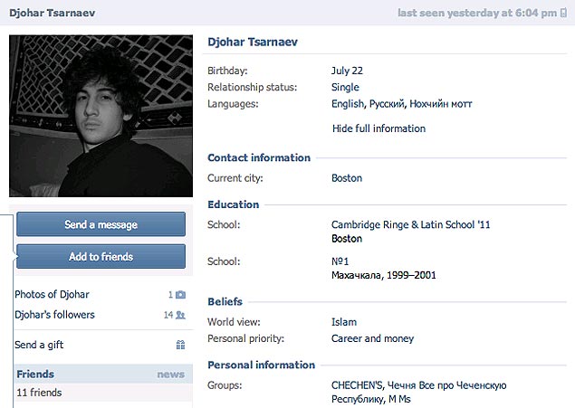 Reprodução do Facebook de um dos suspeitos do ataque em Boston