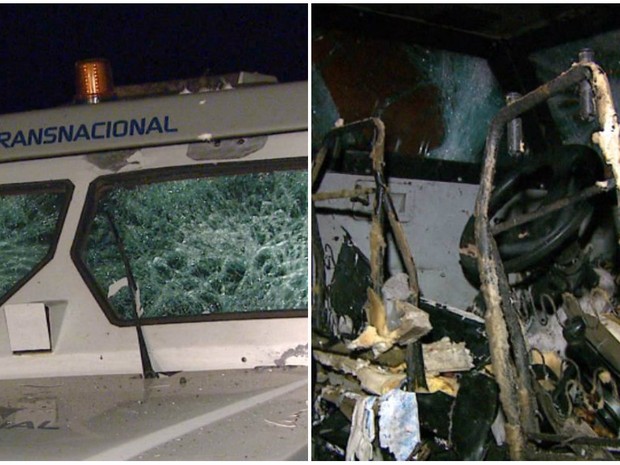 Estragos causados nos carros-fortes que foram alvos de quadrilha em Araras (Foto: Ely Venâncio/EPTV)