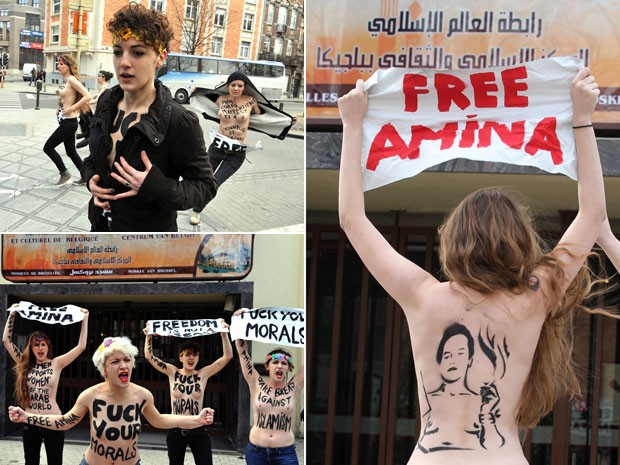 Feministas protestam com faixas e frases no corpo em frente à Grande Mesquita em Bruxelas, na Bélgica (Foto: Georges Gobet/AFP e Yves Logghe/AP)