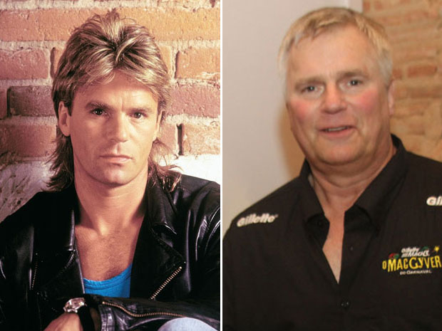 Ator Richard Dean Anderson como "MacGyver", no seriado de TV (esq.), e durante customização de abadá nesta quarta-feira (15), em Salvador (Foto: Divulgação/Paramount Pictures e Edgar de Souza/G1)