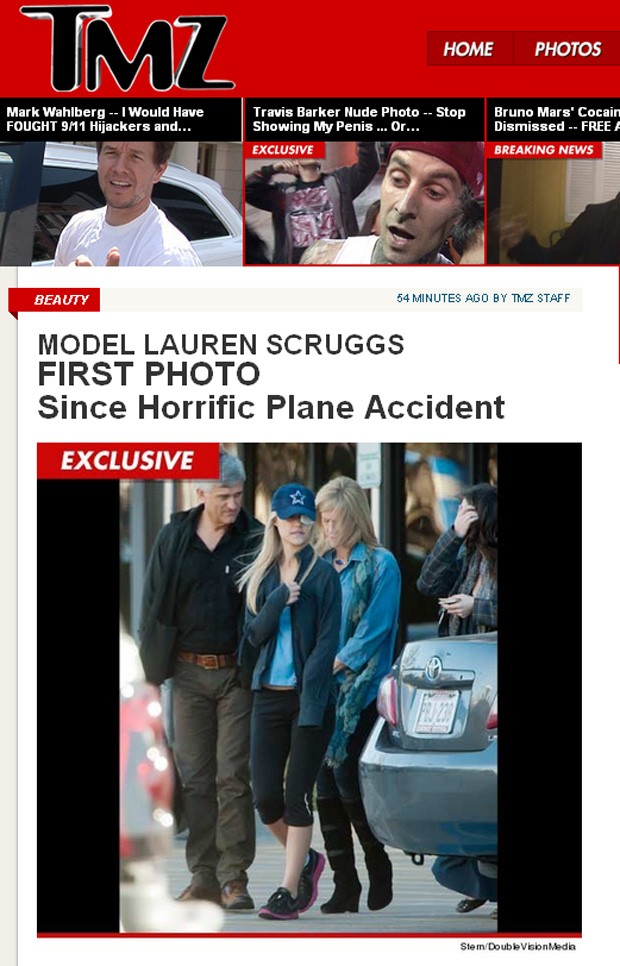 Primeira foto da modelo Lauren Scruggs após acidente com o avião (Foto: TMZ / Reprodução)