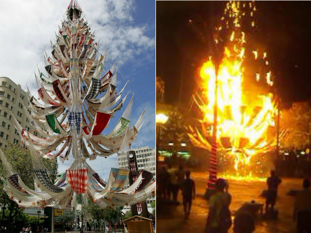 Fotos da árvore antes e depois do incêndio na noite desta quinta-feira (1). Estrutura da árvore foi feita de metal e redes de dormir, feitas de algodão. (Foto: G1 Ceará/ Arte)