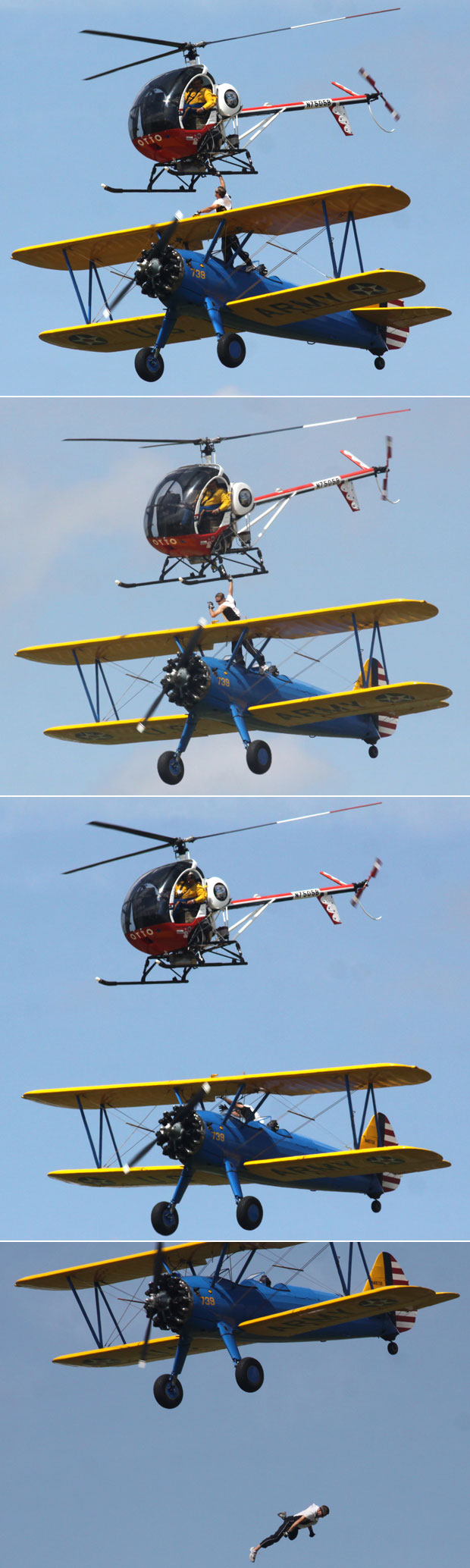 Sequência de fotos mostra o momento em que ele perde o apoio e cai do avião (Foto: Jeremy Mitchell/AP)