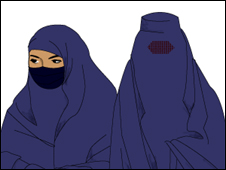 Niqab (esq.) e burca