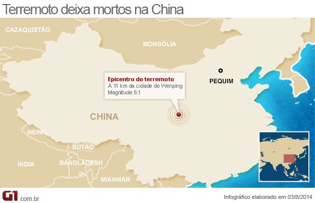 mapa terremoto china - vale este (Foto: Arte/G1)