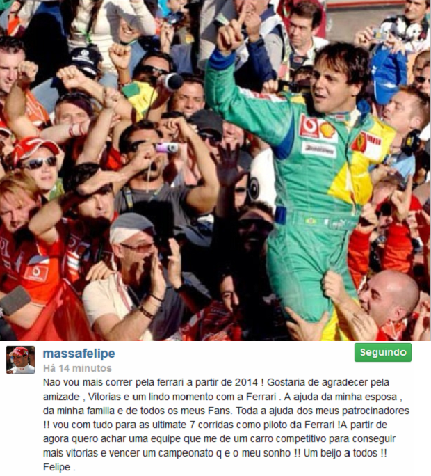 Felipe Massa postou foto de uma vitória no Brasil ao dar notícia de saída da Ferrari através de suas redes sociais (Foto: Reprodução)