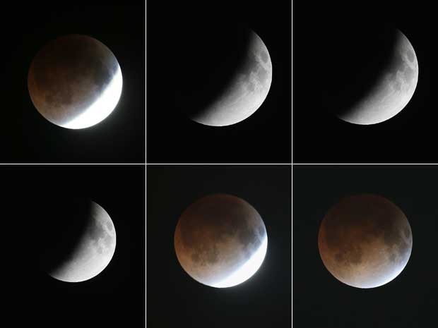 Progressão do eclipse lunar total visto em Miami, nos EUA. (Foto: Joe Raedle / Getty Images / AFP Photo)